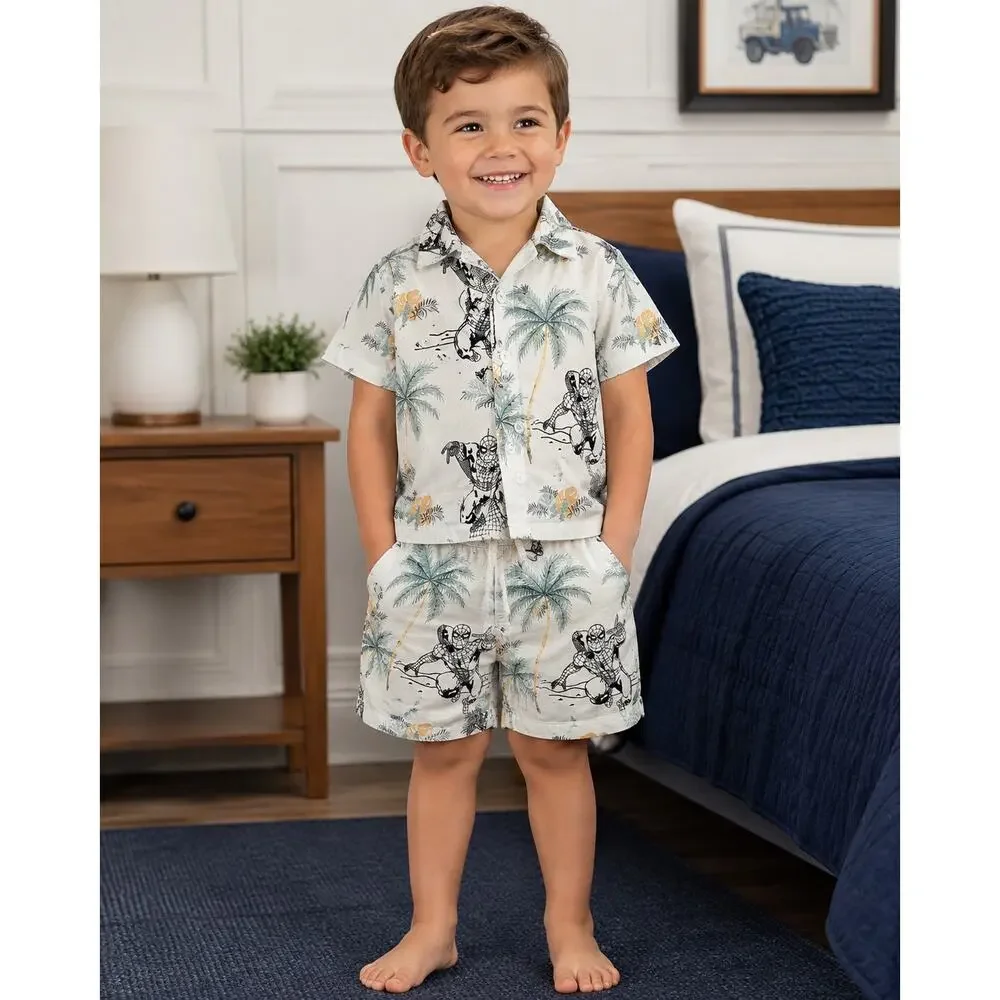 Marvel Spider-Man 2 Piece Hawaiian Print Outfit 3T 100% Cotton Shirt Shorts